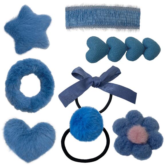 Blue Hair Barrettes Fuzzy Plush Set of 8 Accessories Girls Women - Picture 1 of 7